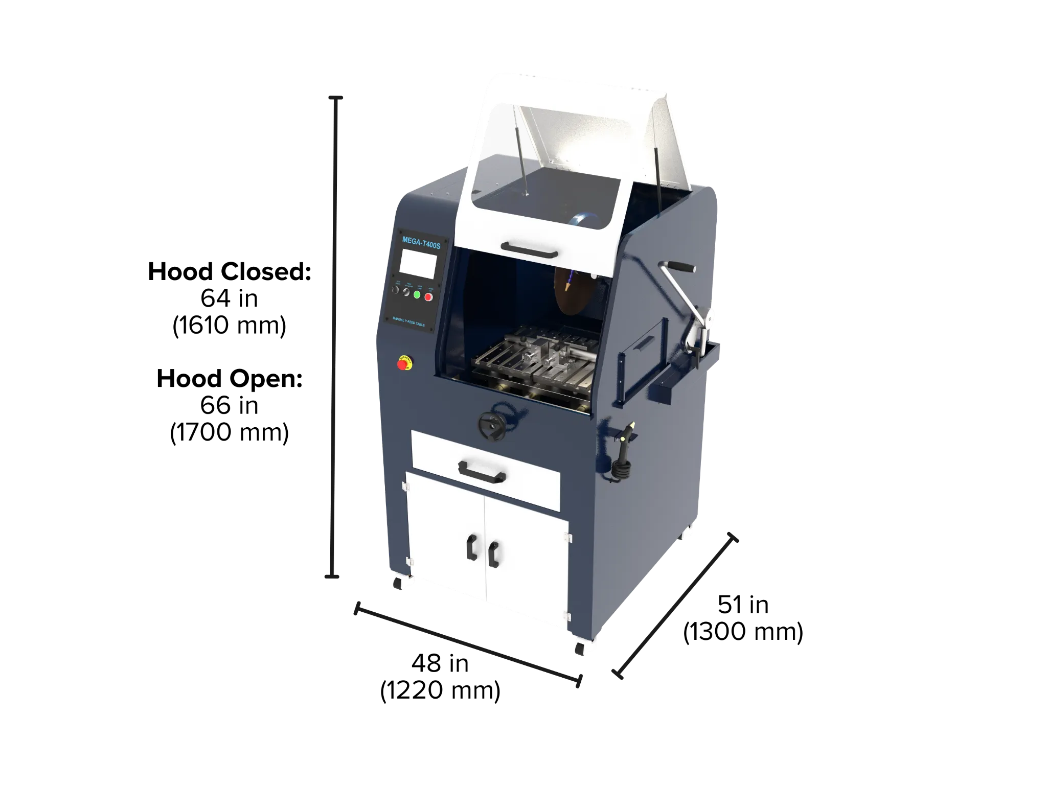 Image of the MEGA-T400S with key dimensions, such as width, depth, and length